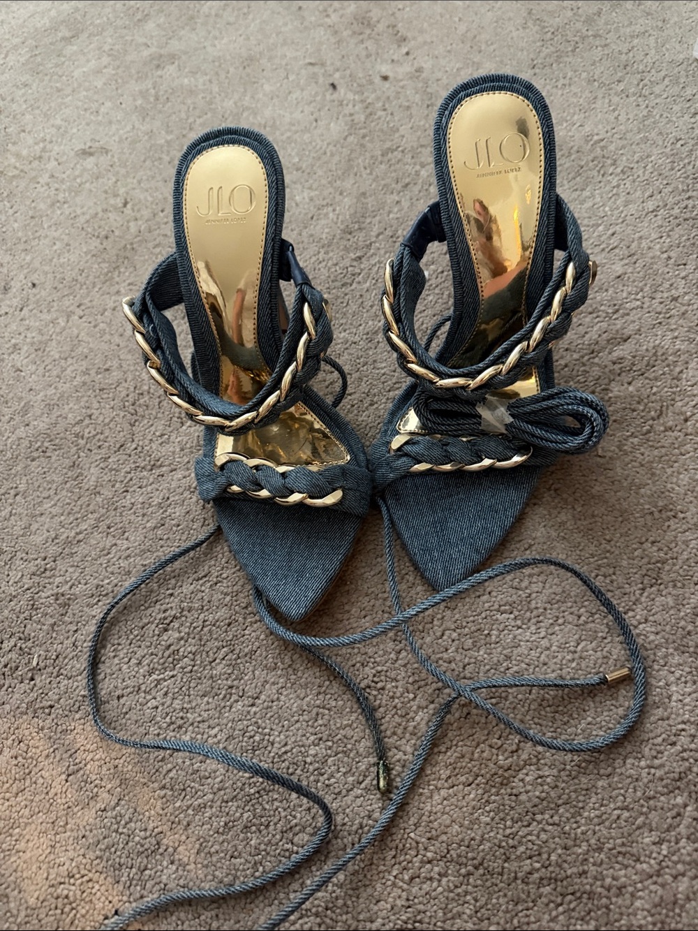 Jennifer Lopez Dark Blue Denim Lace-Up Heeled Sandals with Gold Chain